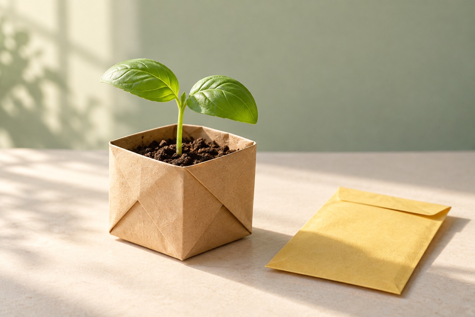 Fictional basil seedling in a folded paper pot beside a yellow envelope