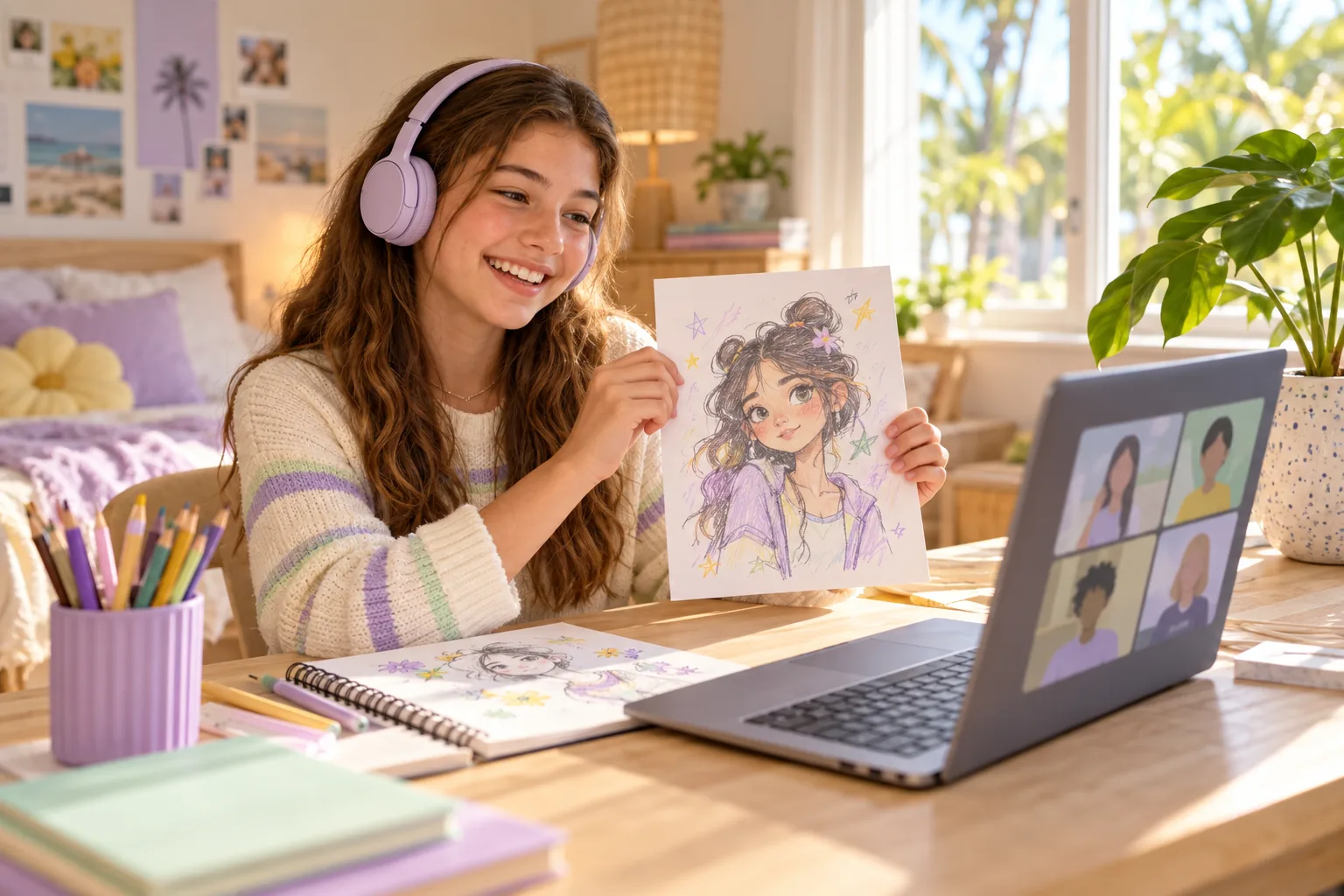 AI-generated illustration of a young creator sharing a character sketch during an online club.