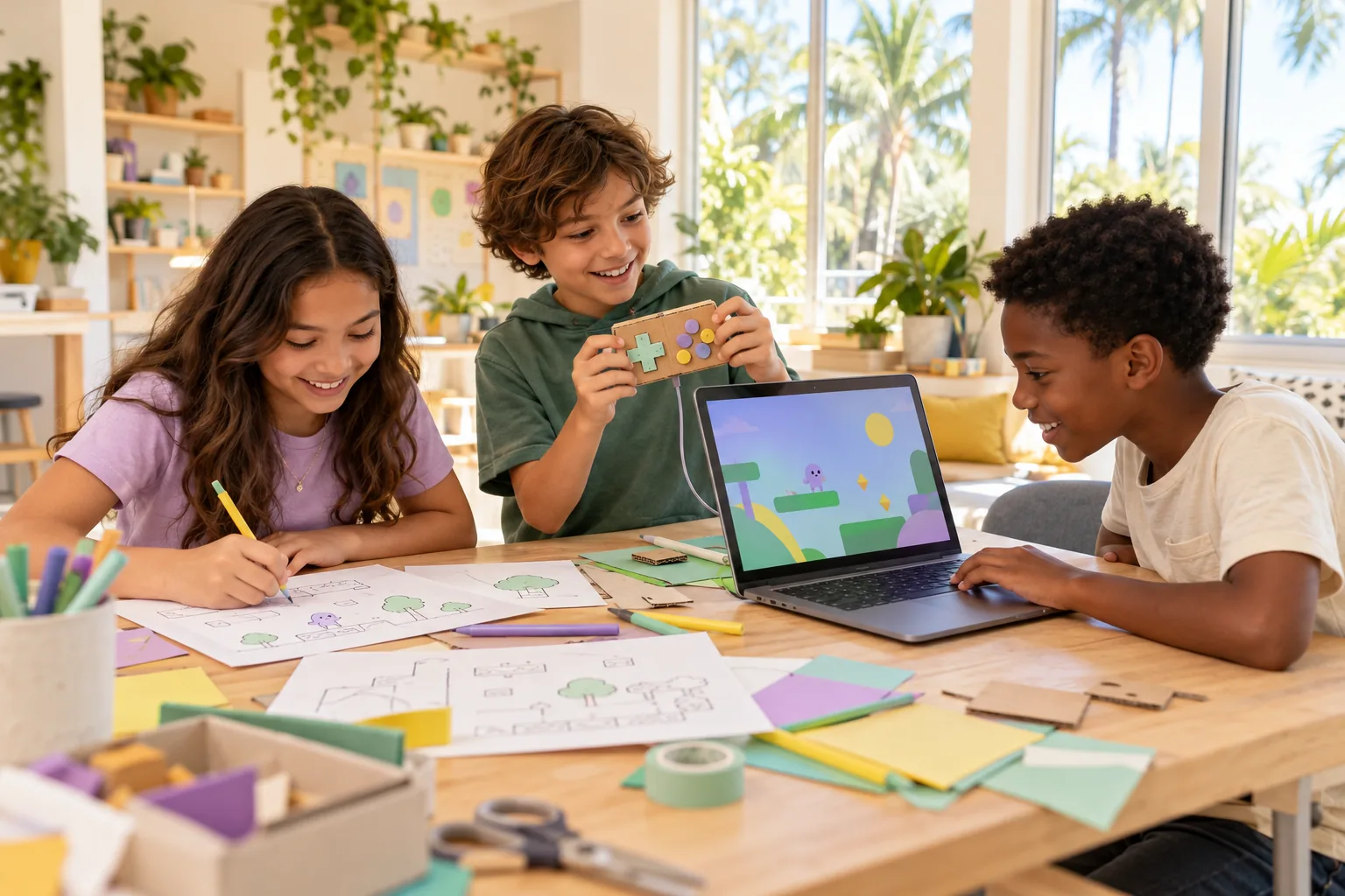 AI-generated illustration of children turning a game idea into sketches, a cardboard controller and a digital project