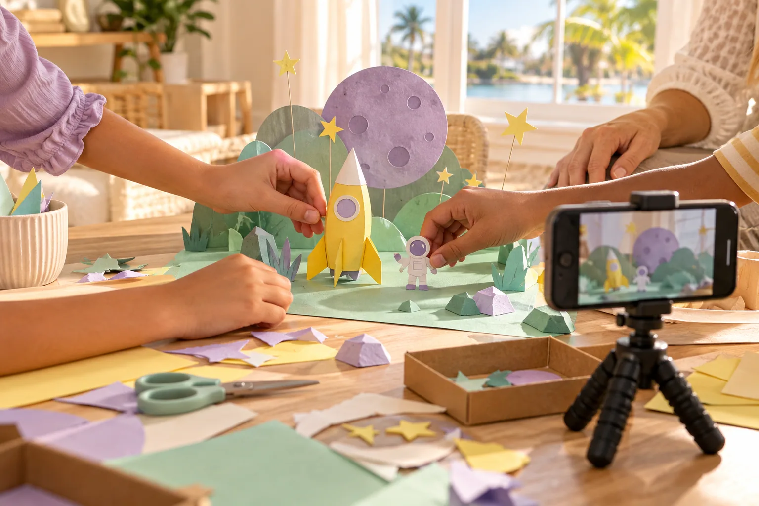 AI-generated illustration of a group building a paper rocket scene during a creative workshop.