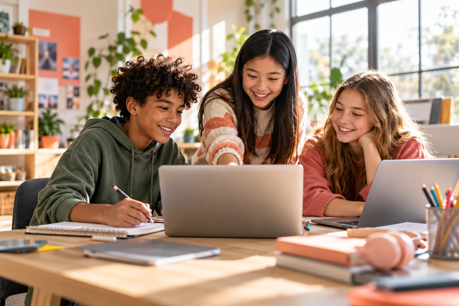 Children sharing ideas while working on computers